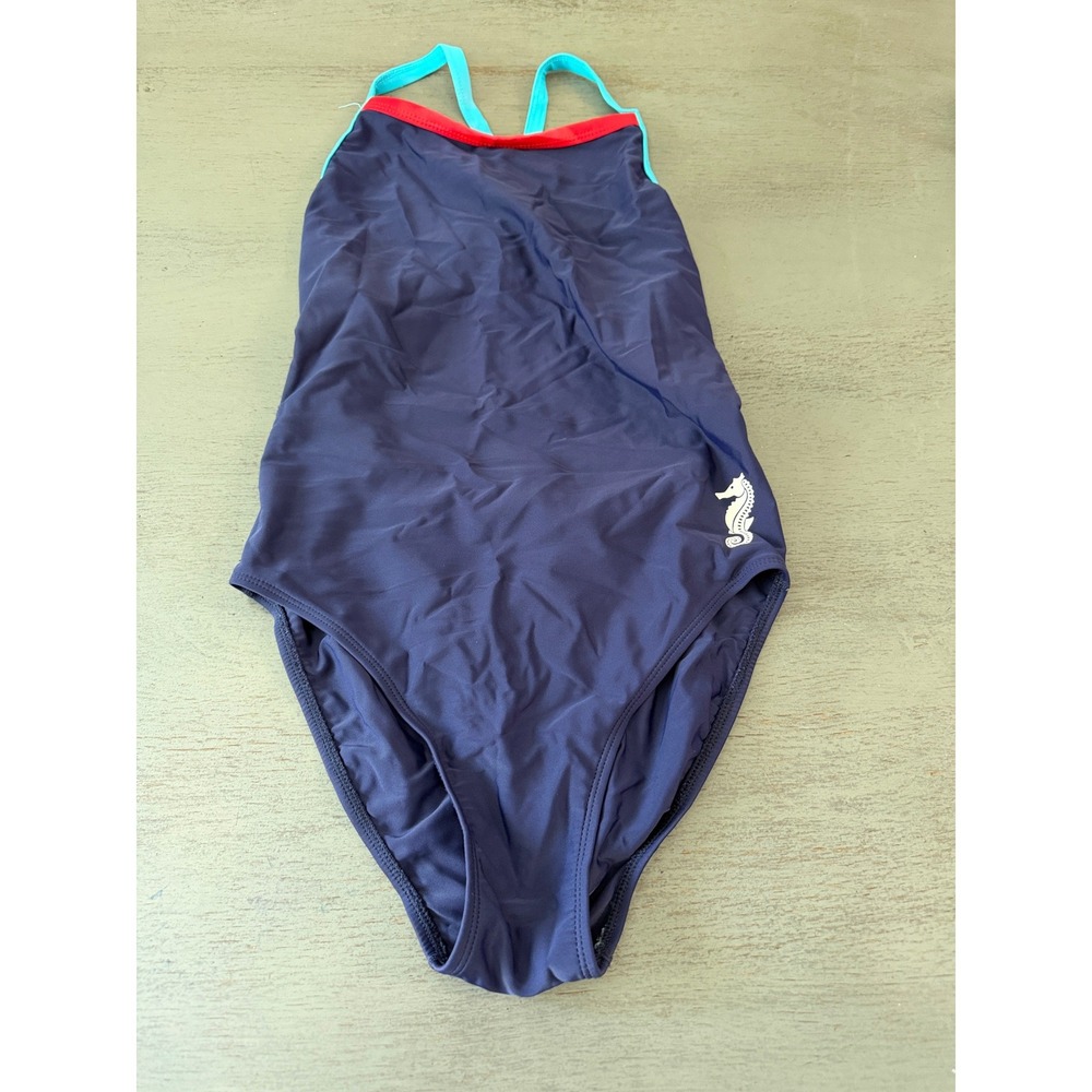 CharmLeaks Womens Navy Blue One Piece Swimsuit Seahorse Logo Racerback Size M